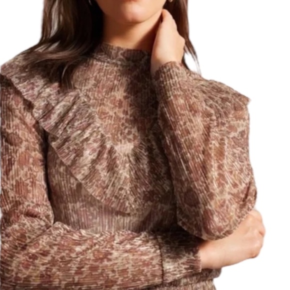 NWT Ted Baker London DEBBIX printed long sleeve sheer brown metallic dress US 6 - Picture 4 of 17